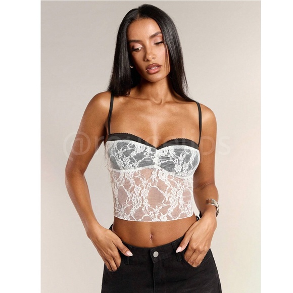 White Lace on Black Bra Crop Bustier Top Sheer - Picture 4 of 8